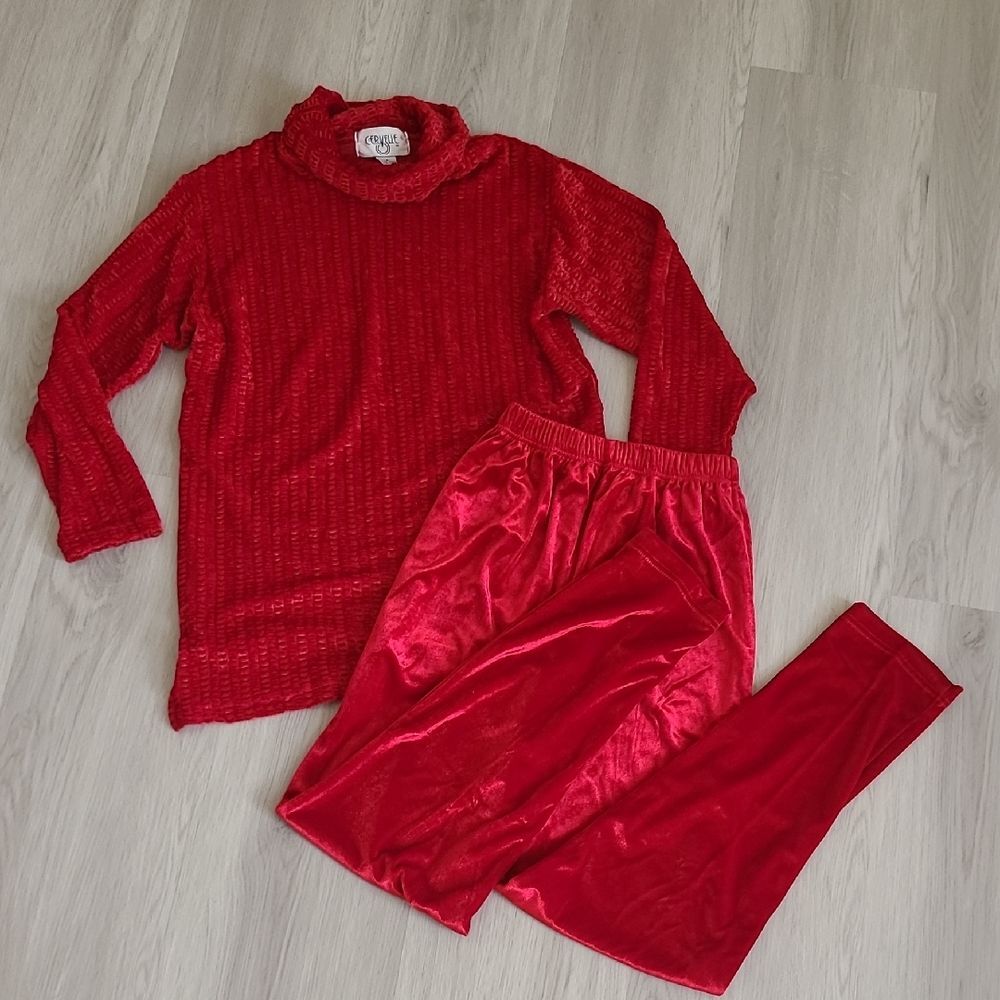 Cervelle Vintage Red Velvet Top Pants Set SM Bundle chenille Texture Polyester